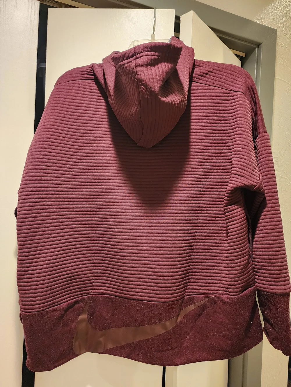 Nike Hoodie Womens L Maroon Striped Pullover Swoosh Sweater Funnel Neck